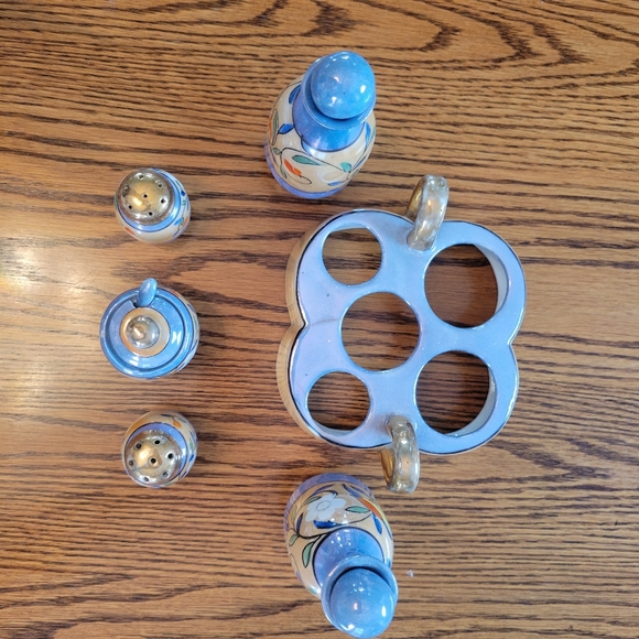 Vintage Lusterware Hand Painted Made in Japan Condiment Tray ~TT 5-piece S&P V&O - Picture 11 of 16